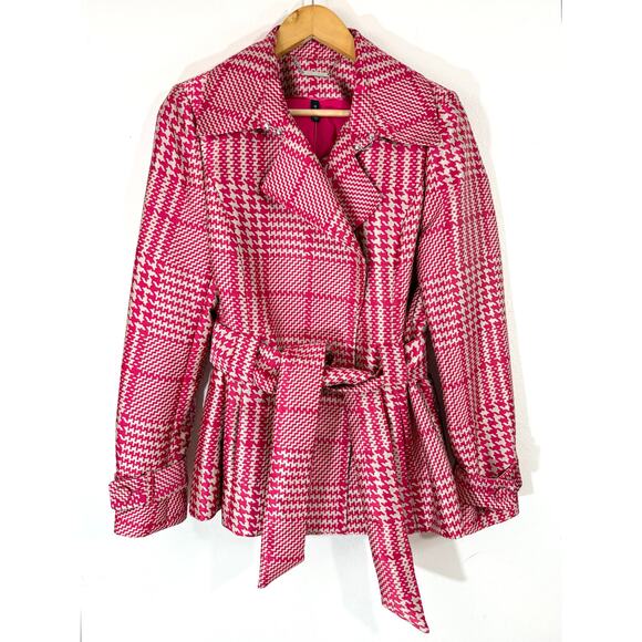 NWT WHBM Pink Houndstooth Satin Belted Trench Coat Size M - Picture 3 of 11